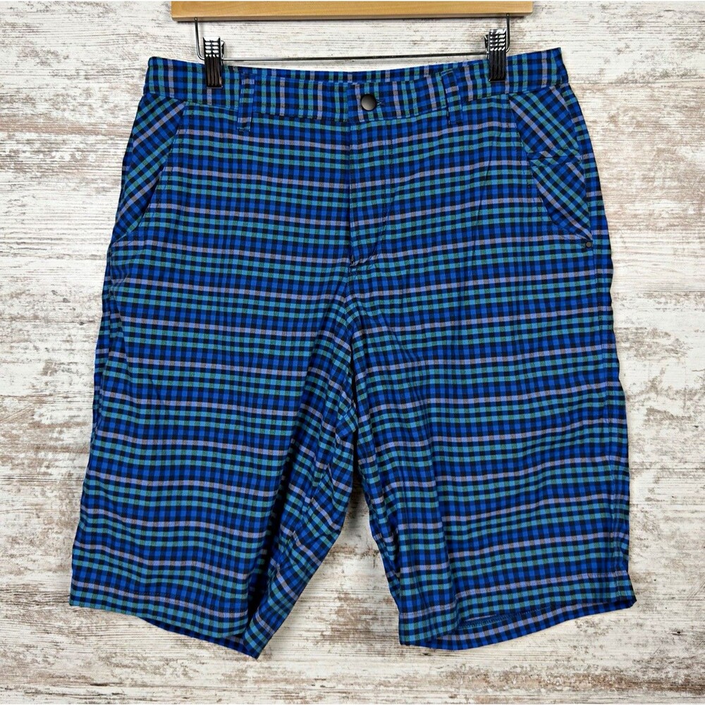 Lululemon Kahuna Golf Shorts Mens 34 Plaid Blue Green Measures 32 Waist Stretch